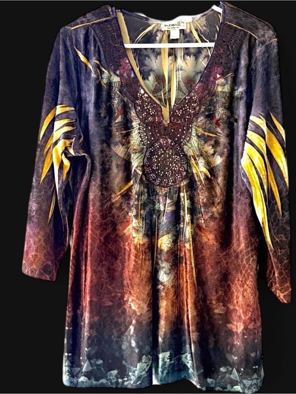 ONE WORLD Pullover Tunic Blouse Women XL Green Velvet Fairy